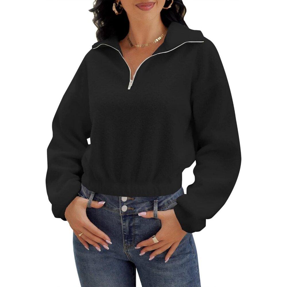 Women's Black long Sleeve Lapel Half Zip Plain Faux Fur Solid Sweatshirt - Picture 2 of 5